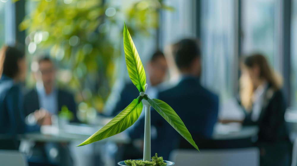 Generador eólico con palas de hojas como maqueta en una oficina
