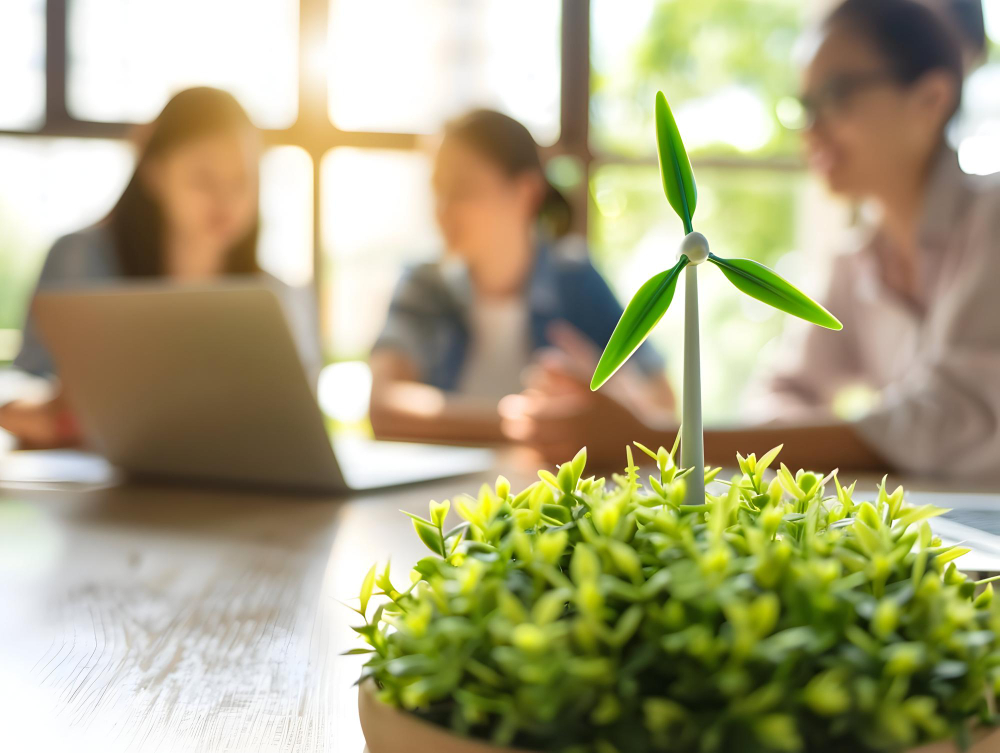 Maqueta de un generador eólico verde sobre un escritorio