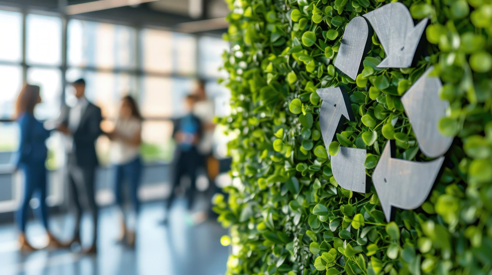 Muro de oficina decorado con el símbolo reutilizable sobre hojas verdes.