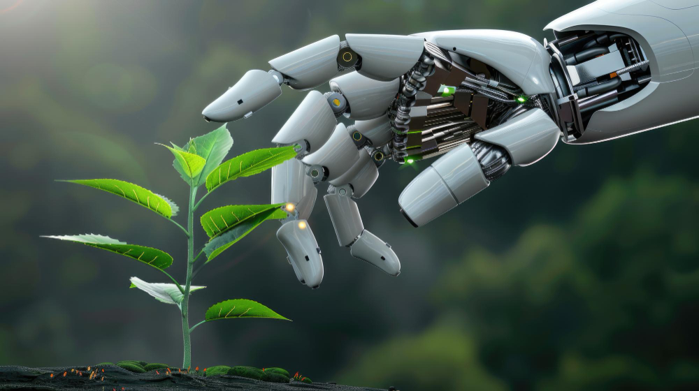 Mano robótica tocando suavemente una planta