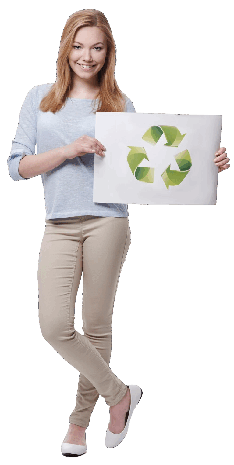 Mujer sujetando cartel de reutilizable